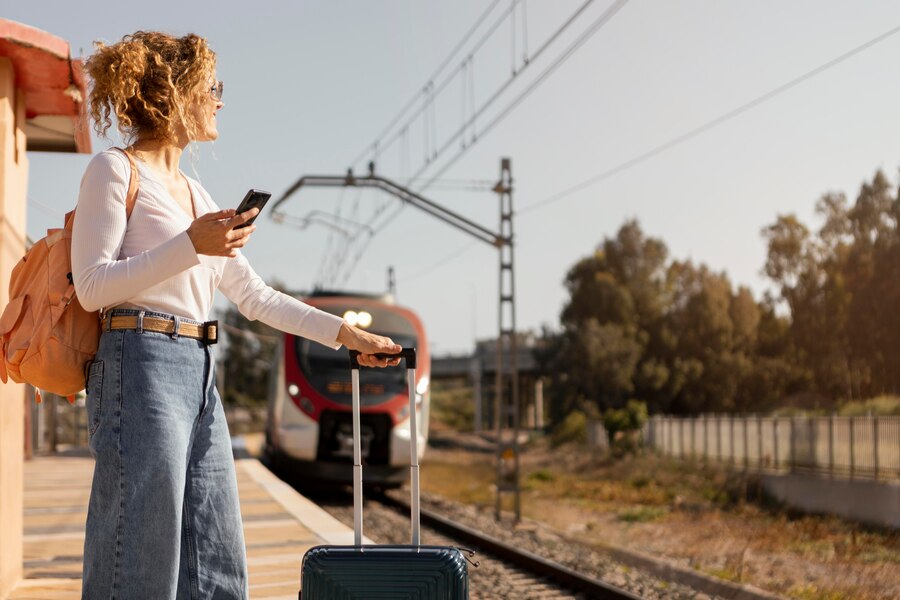 medium shot woman traveling by train