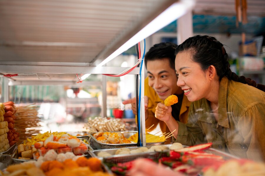 side view smiley people with food